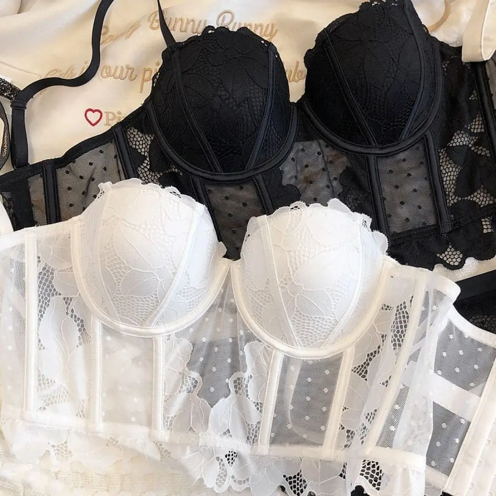 أنيقة شبكة نقطة الدانتيل زهرة بروتيل شفاف كشكش سليم المحاصيل القمم الحلو أكمام الدانتيل مشد الربيع الصيف #4