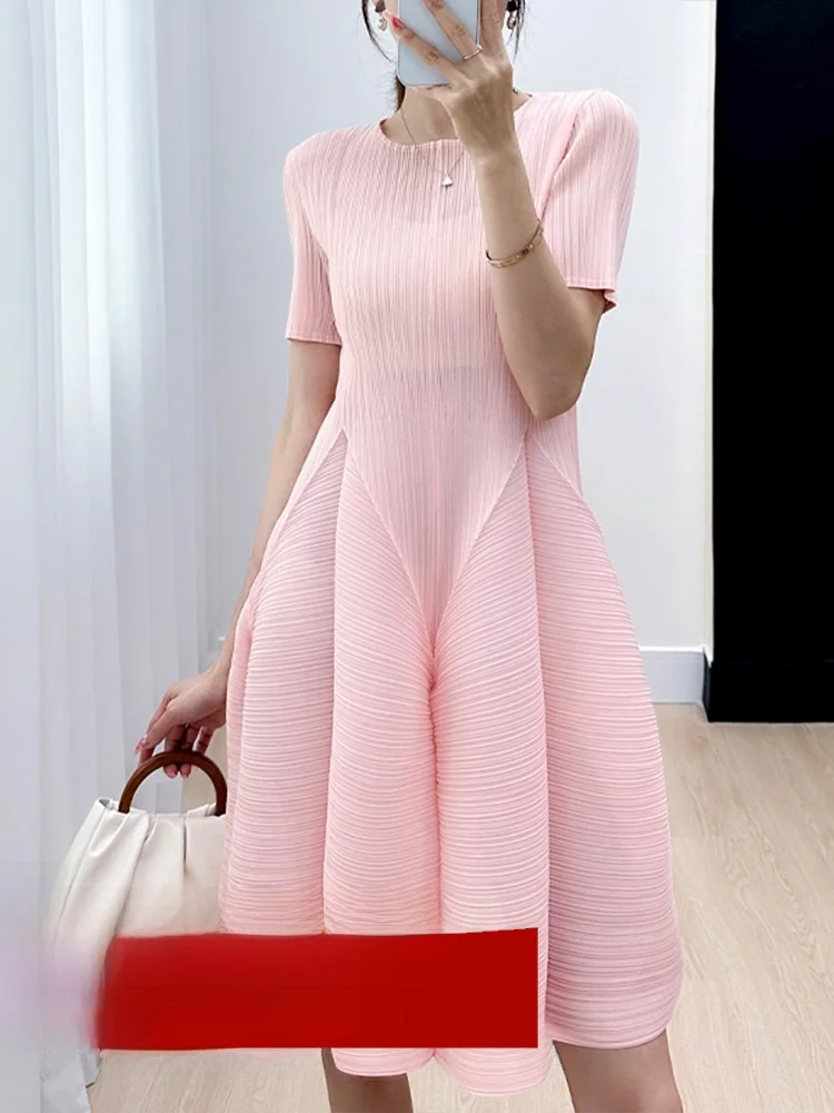 

Ele Pleated Bloom Dr Women's Summer New Sle round Ne Midi Dr Casual Commute Sle Loose Fit Polyester Fiber