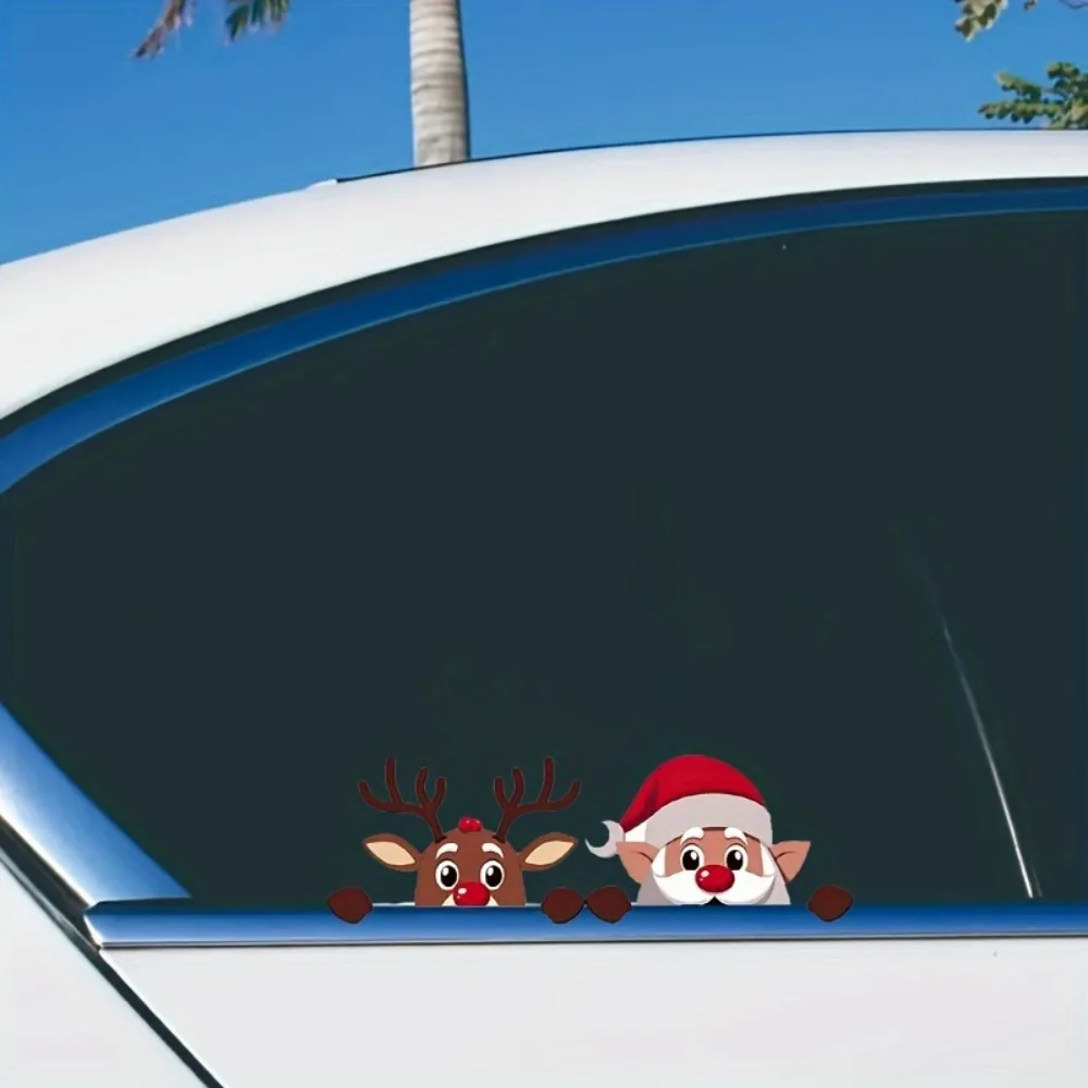Christmas Vinyl Car Side Mirror Suitable for Decals with Santa & Reindeer Removable Window Decoration for Vehicles