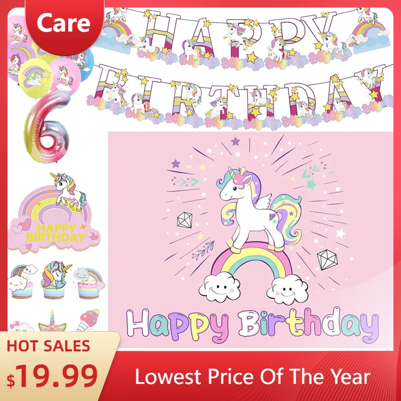 

Dreamy Cute Cartoon Unicorn Birthday Party Decoration Supplie Cake Decoration Banner Numbers Balloon Background Baby Shower