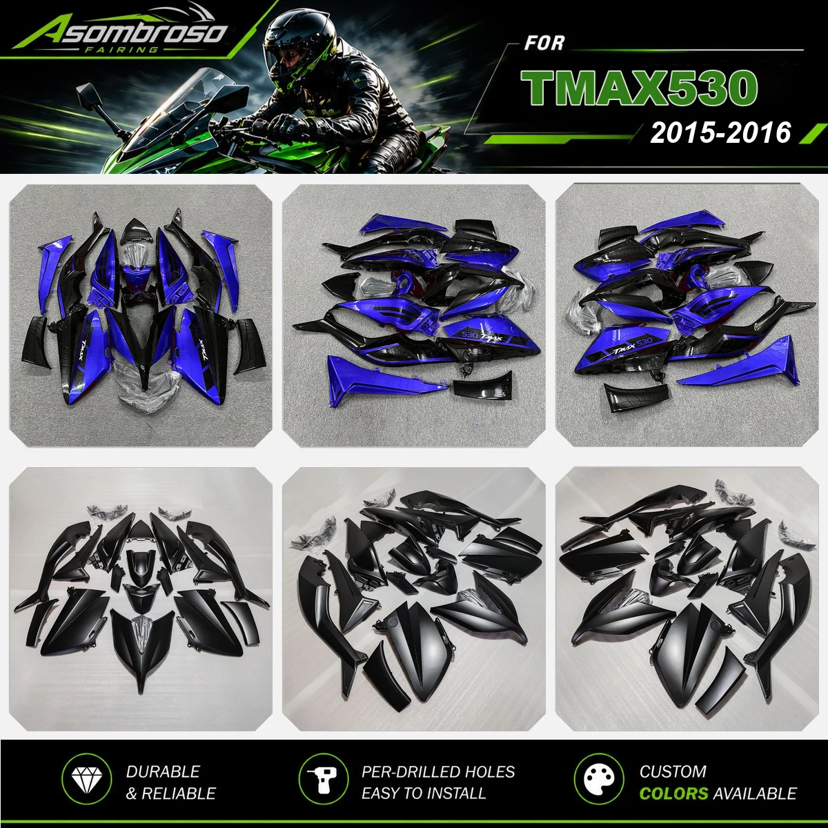 Komplettes Verkleidungsset für T-MAX530 TMAX 530 2015 2016 Spritzguss-Karosserie Kunststoffabdeckungsset Matt Schwarz