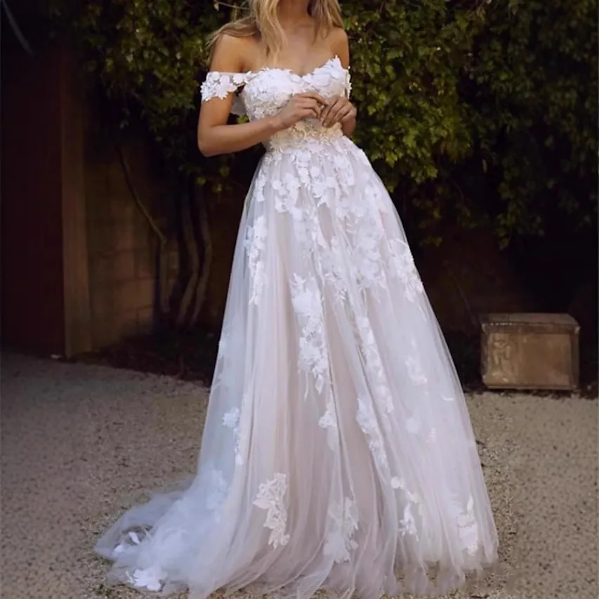 

Customized A Line Women Wedding Dresses Appliques Tulle Bridal Gowns Off Shoulder Formal Occasion robe de mariée