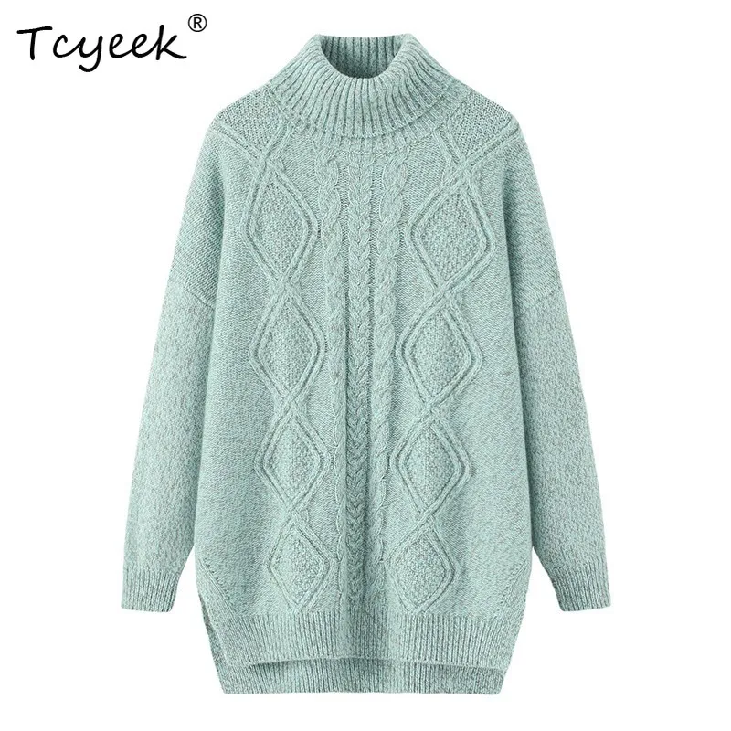 

Tcyeek,100% Cashmere Elegant Sweater, Women's High Neck Mid Length Loose Casual Commuting Style,autumn and Winter Top T48913KS