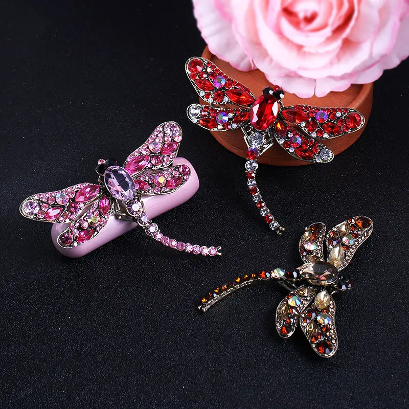 دبابيس اليعسوب العتيقة الأنيقة دبابيس حشرات كريستال خضراء وحمراء رائعة مع أجنحة سبيكة إكسسوارات زهور رقيقة #2