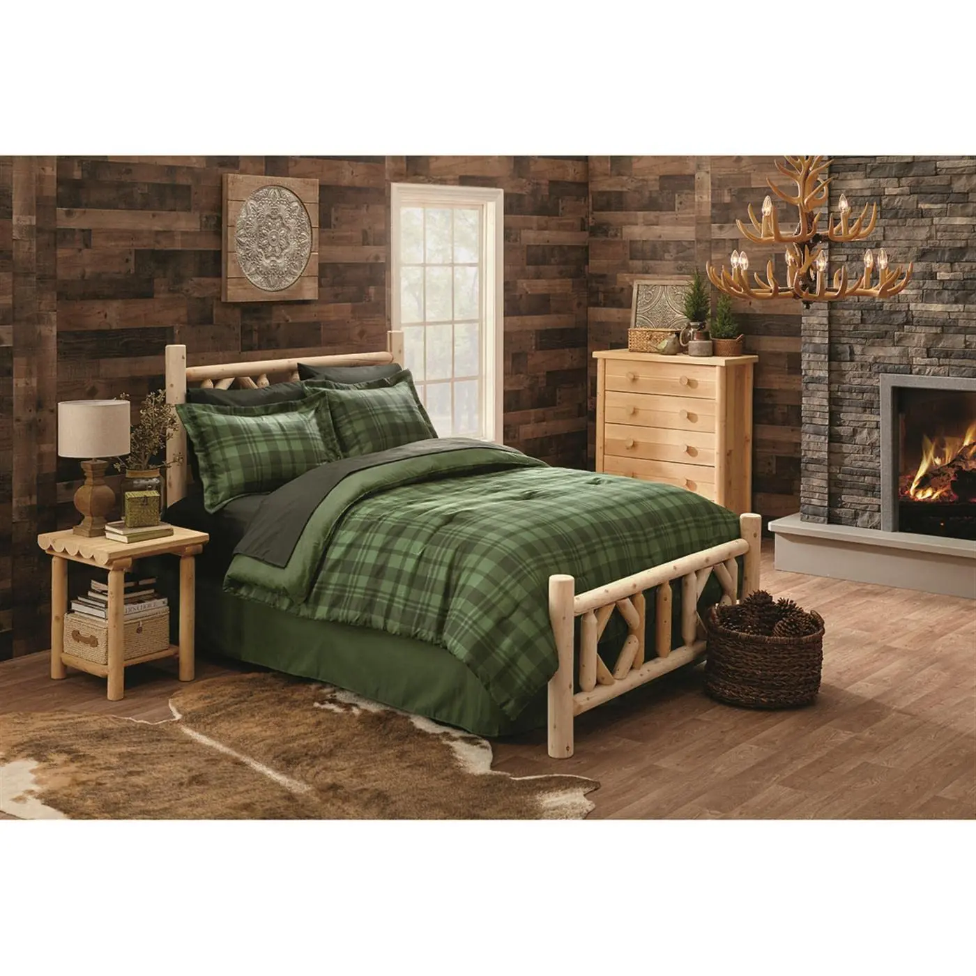 Rustic Cedar Log Bed Frame Full Size with Headboard, Natural Wood Bedroom Furniture