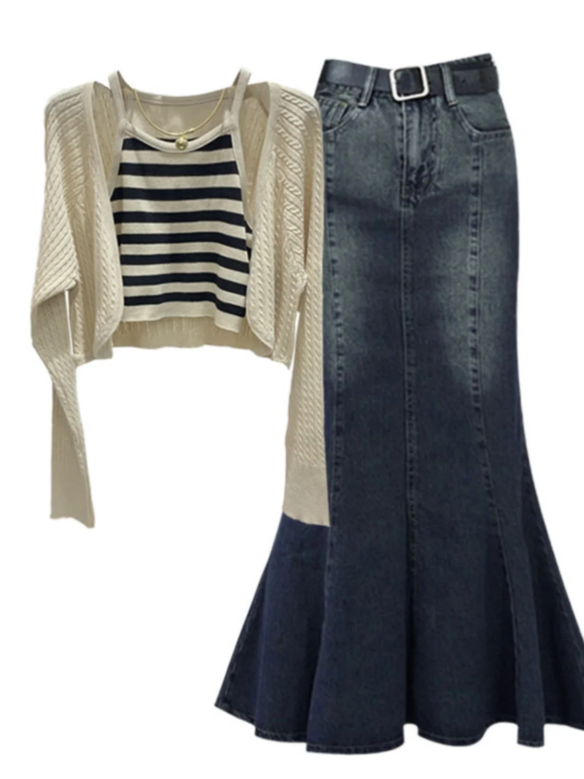 Automne Faion femmes Denim Dr Cardigan Fi queue jupe taille haute jupe Midi t-shirt pièce ensemble coréen Sle trajet Dr