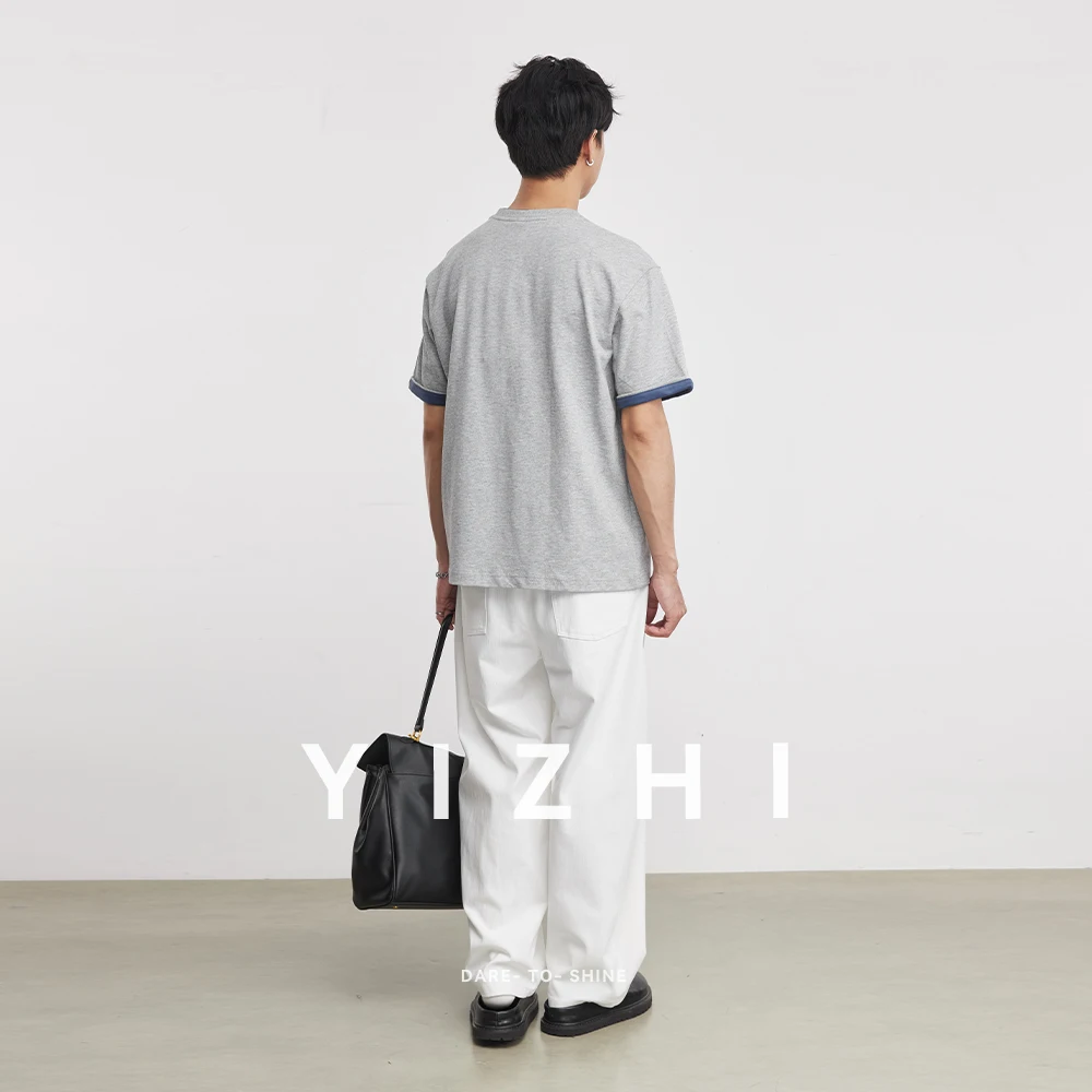 260g Heavyweight Contrast Color Crew Neck Short Sleeve T-Shirt Men Summer Casual Slightly Dropped Shoulder Loose Trendy Tops