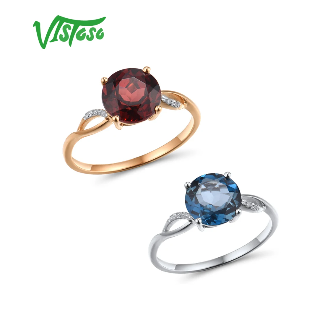 VISTOSO Gold Ring For Women Genuine 14K Gold Ring Sparkling Diamond London Blue Topaz Garnet Wedding Anniversary Fine Jewelry