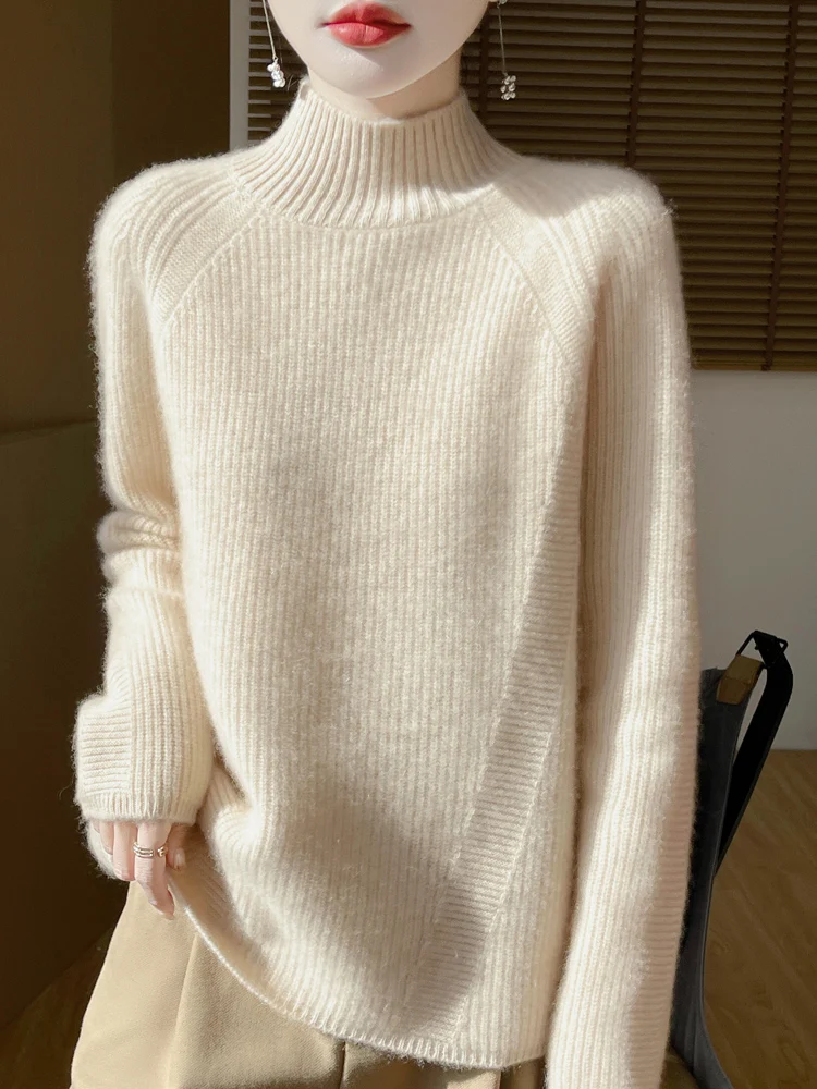 جديد المرأة 100% ميرينو رداء علوي من الصوف نصف الياقة العالية البلوفرات الخريف الشتاء سميكة الصوف الخالص تريكو الملابس #3