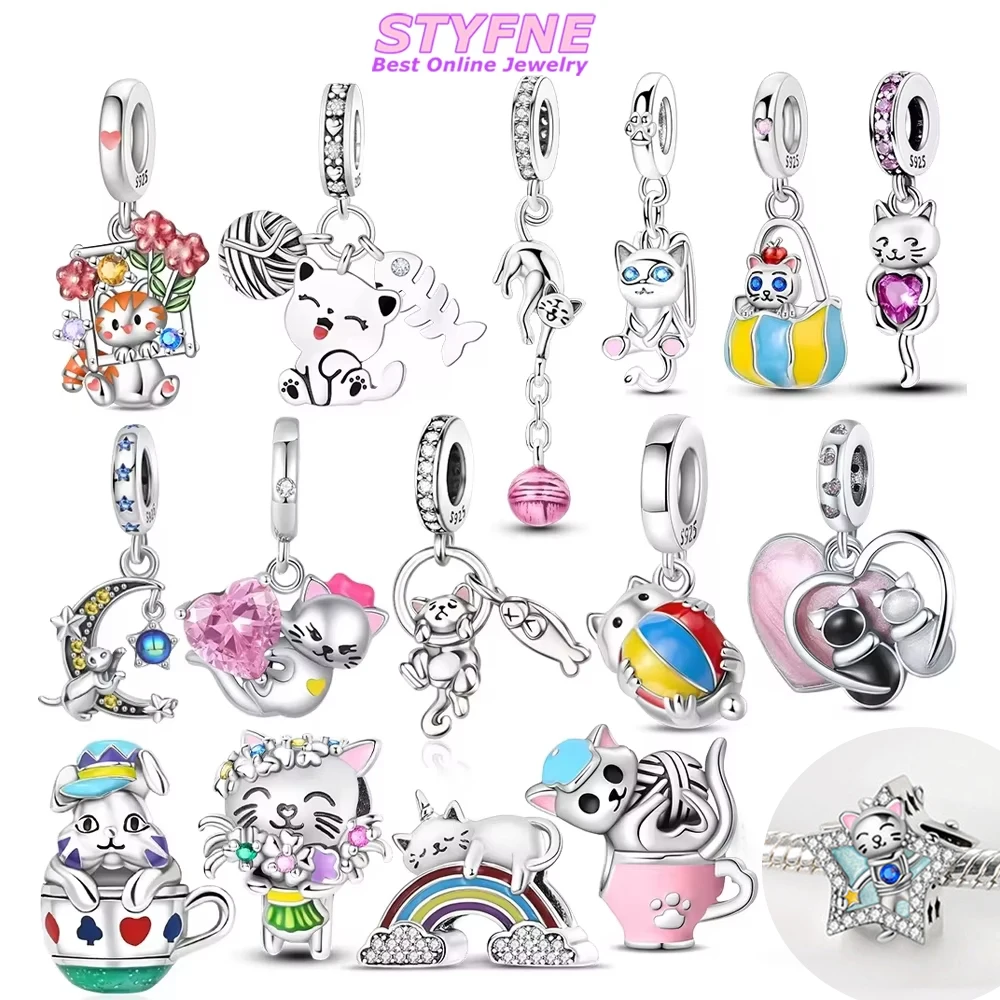 

Оригинальный милый белый кот, кулон, цветочная пряжа, розовые бусины в форме сердца, серебряные бусины 925, подходят для браслета, женские украшения, сделай сам, праздничный подарок