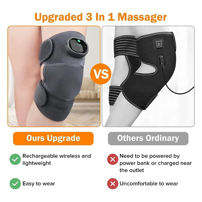 AA20-2X Heating Knee Massager, Knee Shoulder Elbow 3-In-1Heating Vibration Massager, Portable Compress Massager