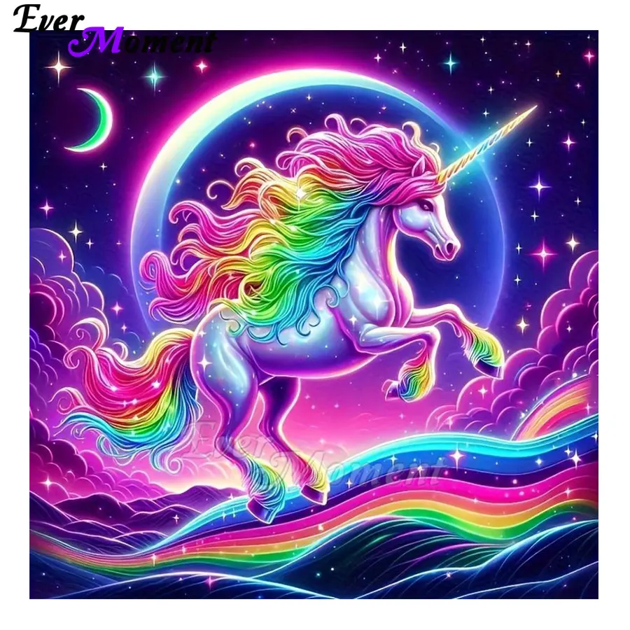 

Rainbow Color Diamond Painting Unicorn with Moon and Stars Diamond Pictures for Home Wall Decor ASF3005