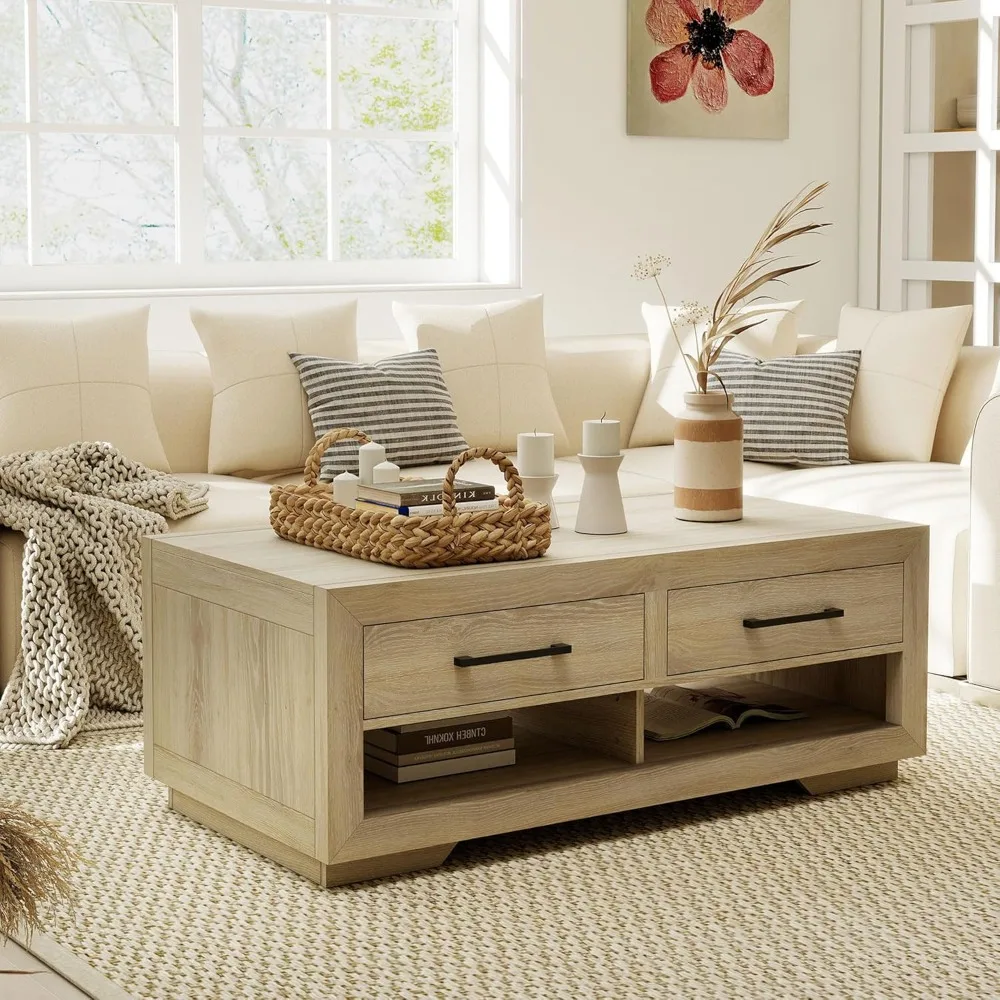 

48 Coffee Table With 4 Storage Drawers And Open Shelf, Metal Handles, Solid Rectangular Modern Luxury Farmhouse Table For Living