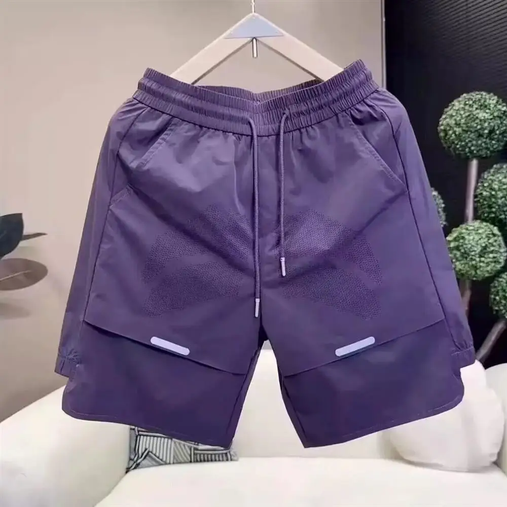 Men's Summer Thin Ice Silk Beach Shorts Quick Dry Slim Fit Five-Quarter Pants Polyester Fiber Casual Shorts Trendy Knee-Length