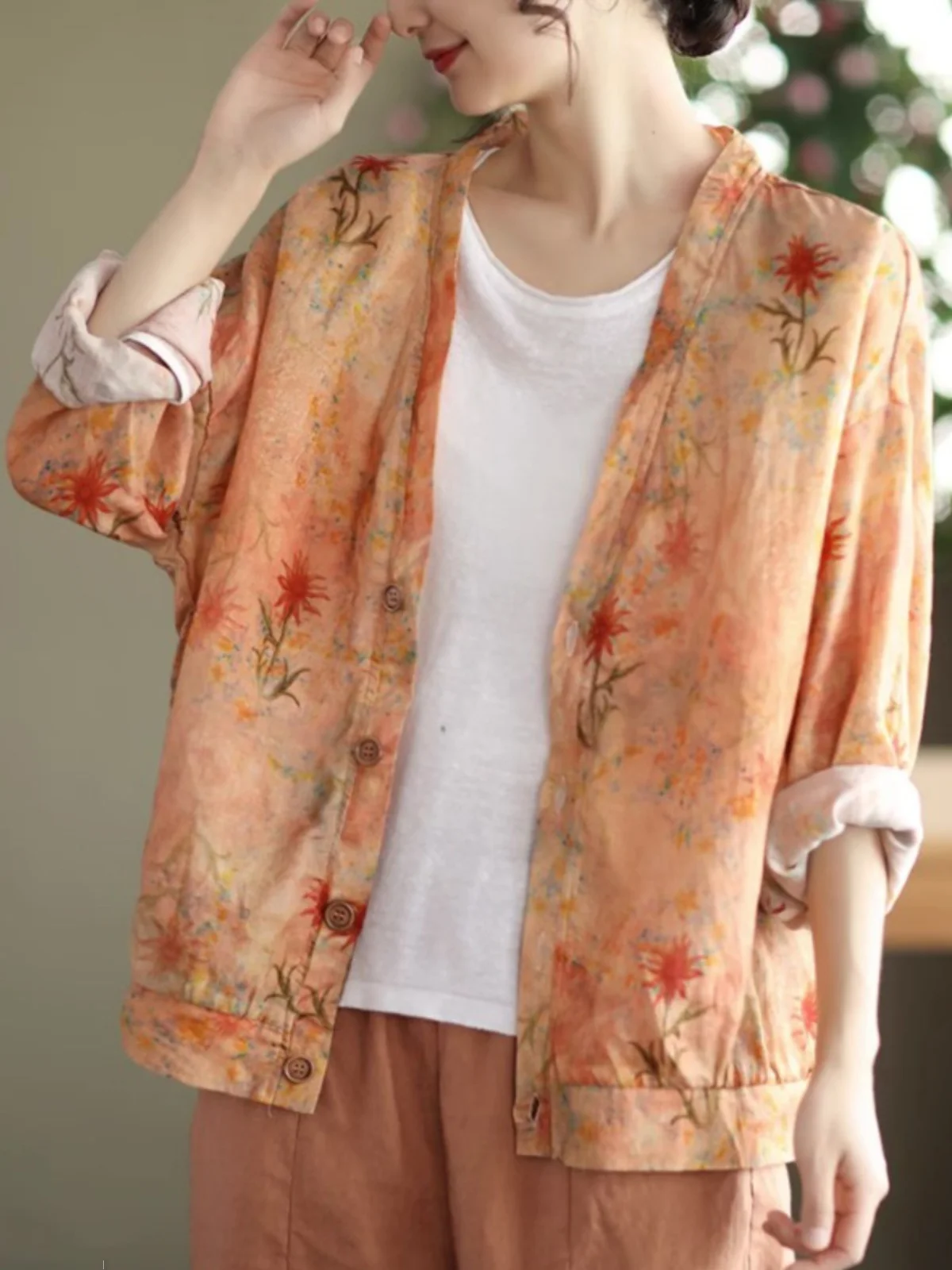 Faionable Large Size Women's Cotton Linen Print Long Sve irt V-Ne Casual Versatile Open Cardigan Outerwear for Autumn