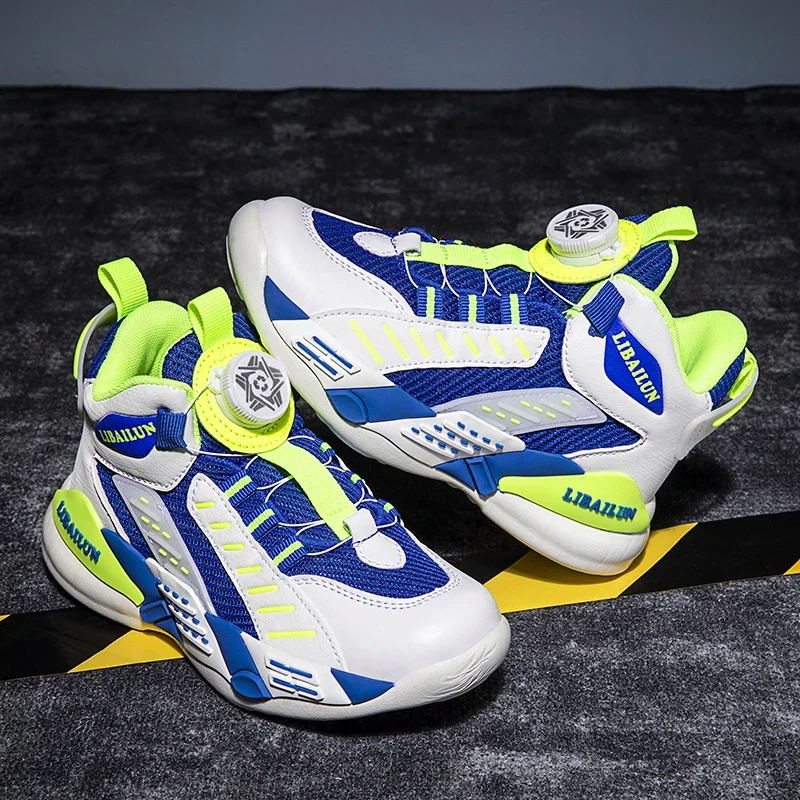 

Kids Sneakers Basketball Shoes Boys Spring Fashion Rotating Button Anti-slip Shock Absorption School Students Sports Shoes