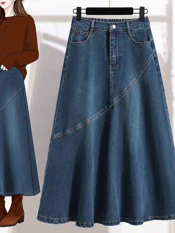 Slimming A-Line Mid-Length Denim Skirt Korean Style Elastic Waist Half-Miniskirt Casual Commute PVC Fabric Loose Fit Autumn N...