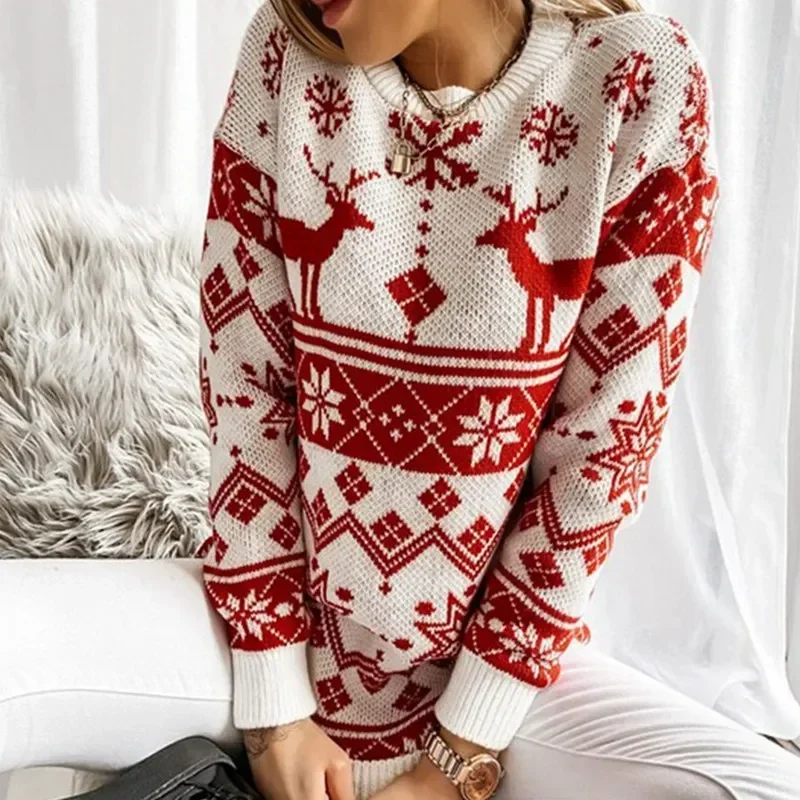 Christmas 2024 Women Knit Sweater Deer Print Casual Loose Long Sleeve O Neck Pullover Tops Warm Jacquard Womans Jumpers Knitwear