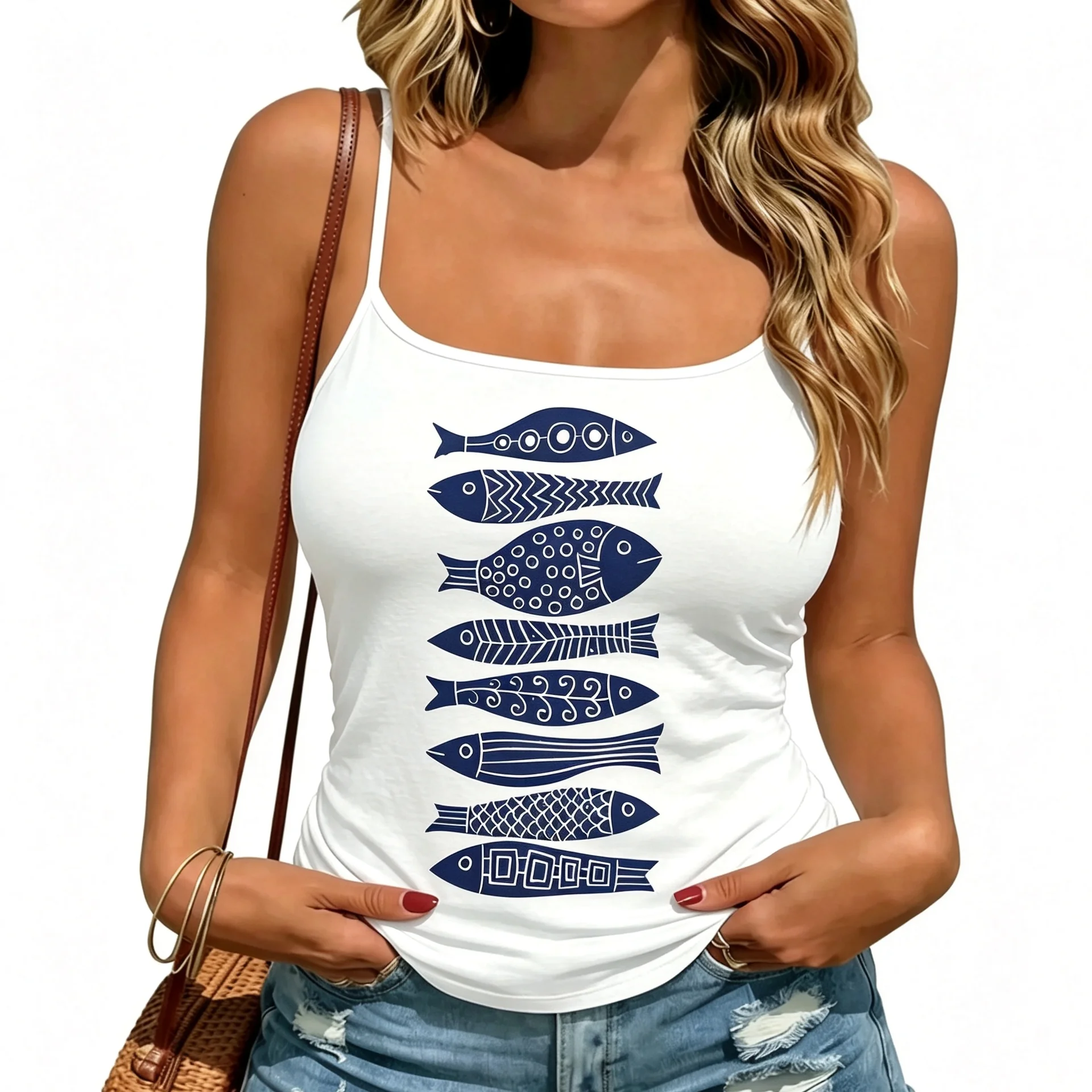 Women Blue Fish Print Camisole Summer Geometric Pattern Tank Top Nautical Style Sleeveless Vest Beach Holiday Casual Crop Top