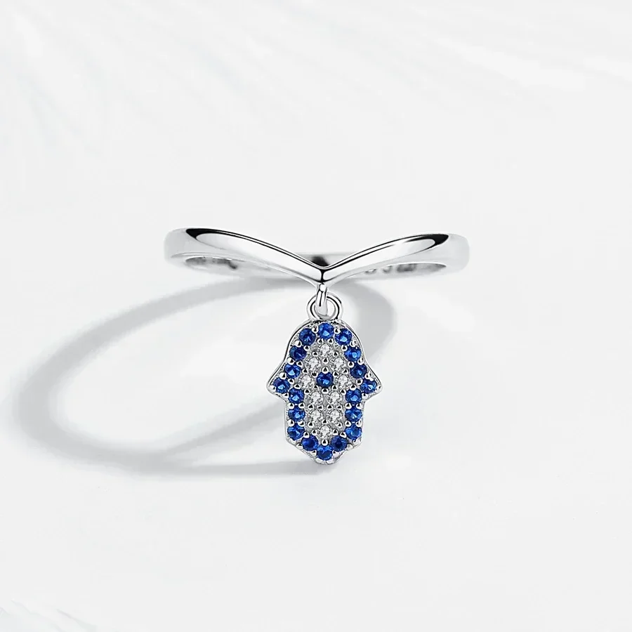 KALETINE 925 Sterling Silver Ring Blue Eye Hamsa Hand Fatima Pendant Evil Eye Rings For Women CZ Heart Ring Wedding Jewelry