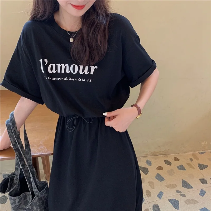 Sweet Loose Split Hem T Shirt Dress Summer New Short Sleeve Printing Letter Simplicity Midi Dress Fashion Casual Women Clothing