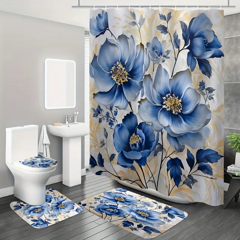 

4 шт. синие и белые цветы с желтыми и белыми градиентными узорами, полиэстеровая занавеска для душа, коврик для унитаза, нескользящий коврик U-образный коврик