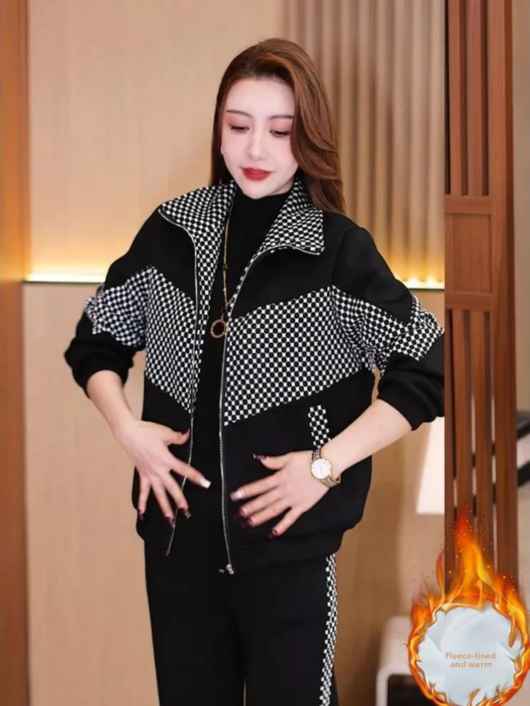 

Fashionable Casual Sportswear Set for Women Thickened Fleece Plaid Design Two-Piece Suit Autumn Winter New Arrival