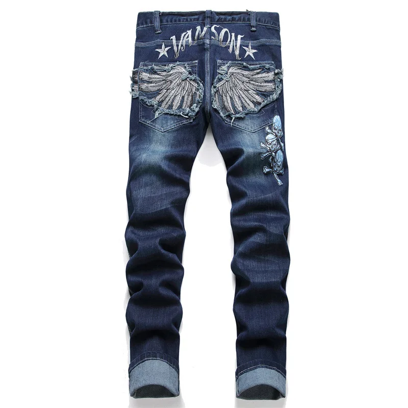 

New Slim-Fit Fashion Embroidered Applique Men's Jeans Mid-Waist Stretch Straight Pants Nail Hip Hop Clothing