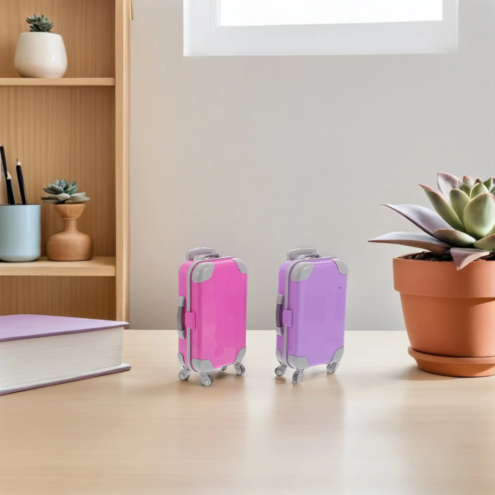 Maleta rosa en miniatura de 2 uds., carcasa dura, mango de tracción de 18 pulgadas, accesorios de viaje, juego de simulación, maleta de juguete para bebé