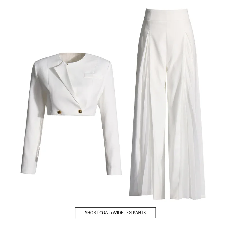 Moda feminina commuter terno frente ombro curto blazer cintura alta calças de perna larga plissado divisão imeisстюм ж dik onderdelen