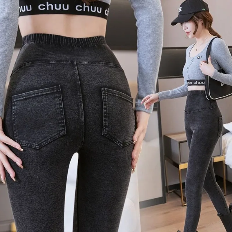 Large Size Fat Imitation Denim Pants High Waist Thin Spring Autumn New Slim-fittings High Street Wear Women Casual Warm Jeans
