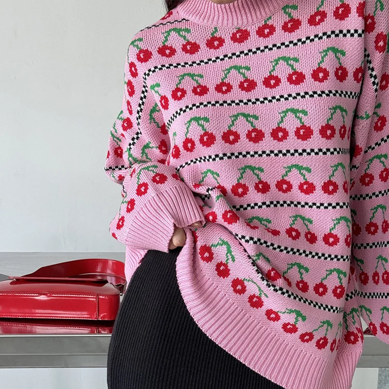 MSCSZ Cherry Printed Oversize Sweater Woman O-Neck Long Sleeve Cozy Sweater Autumn Winter Christmas Sweater Woman