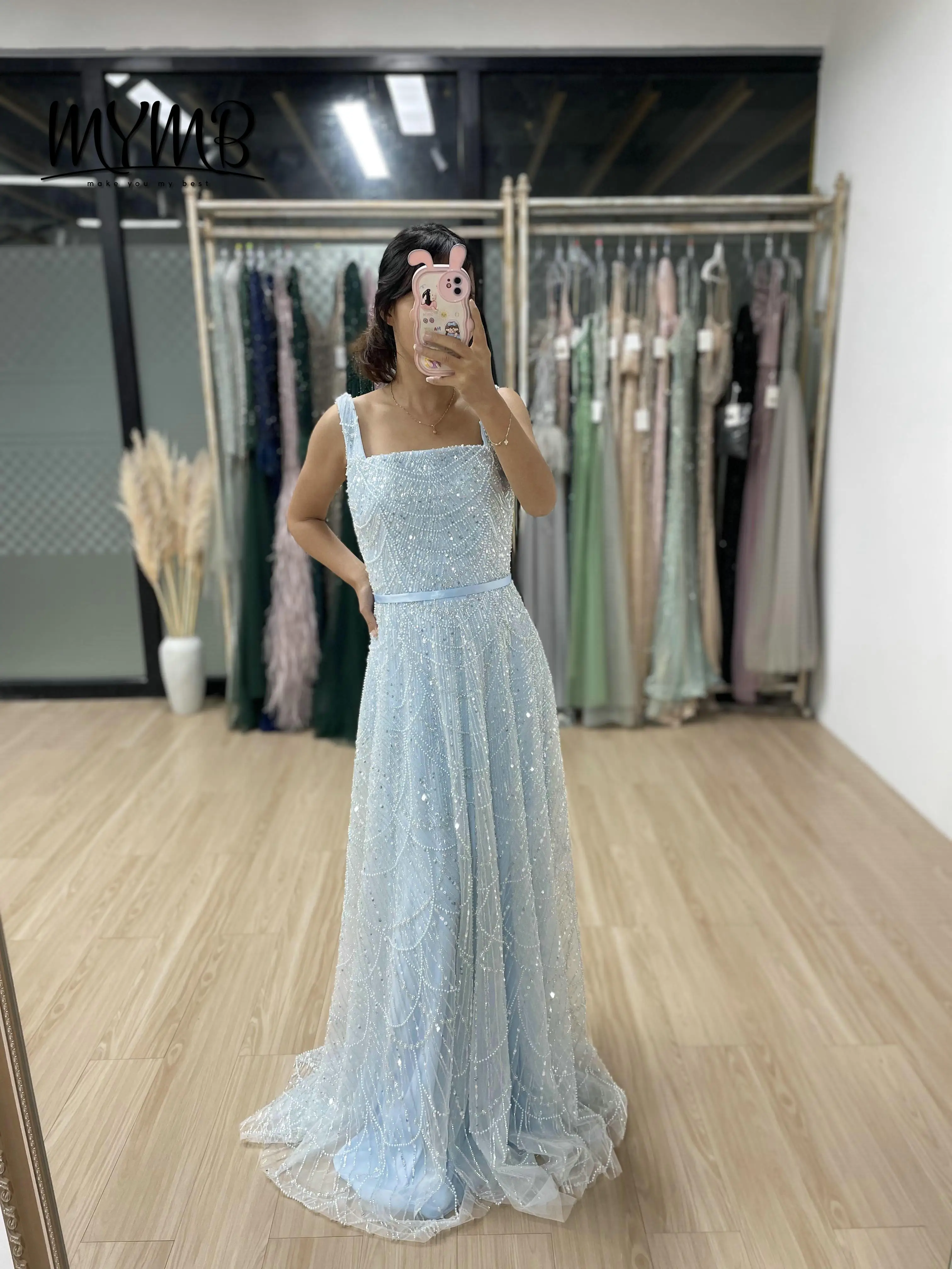 MYMB Fashionable Bule Beading Sequined A-Line Evening Gown Spaghetti Strap Sleeveless Prom Couture Dress for Women Party MY30081