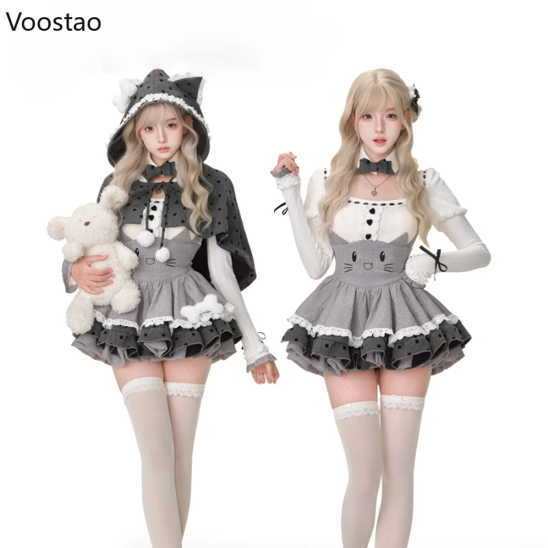 和風スイートロリータスタイル3点セット レディース カワイイブラウストップス フード付きケープコート 漫画風ミニストラップドレス ガールズ Y2K キュートスーツ