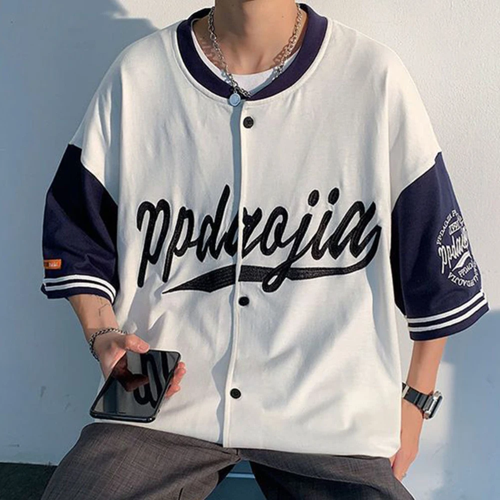 Street Hiphop Color Contrast Stitching Baseball Shirt Cardigan Jacket Summer Short-sleeved Shirt Men\'s Loose Top Men\'s Clothing