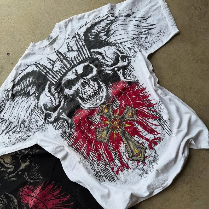

MMA Elite Y2K Gothic King Skull Wings T Shirt Vintage Pure Cotton Streetwear Unisex Summer Couple Matching Dark Aesthetic