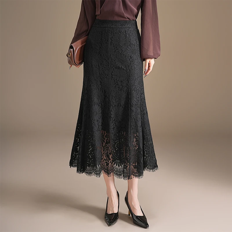 

Slimming Lace Fi Tail Skirt High Waist Long Dr Women's Faion Korean Sle f Body Skirt Big Swing Autumn New Arrival