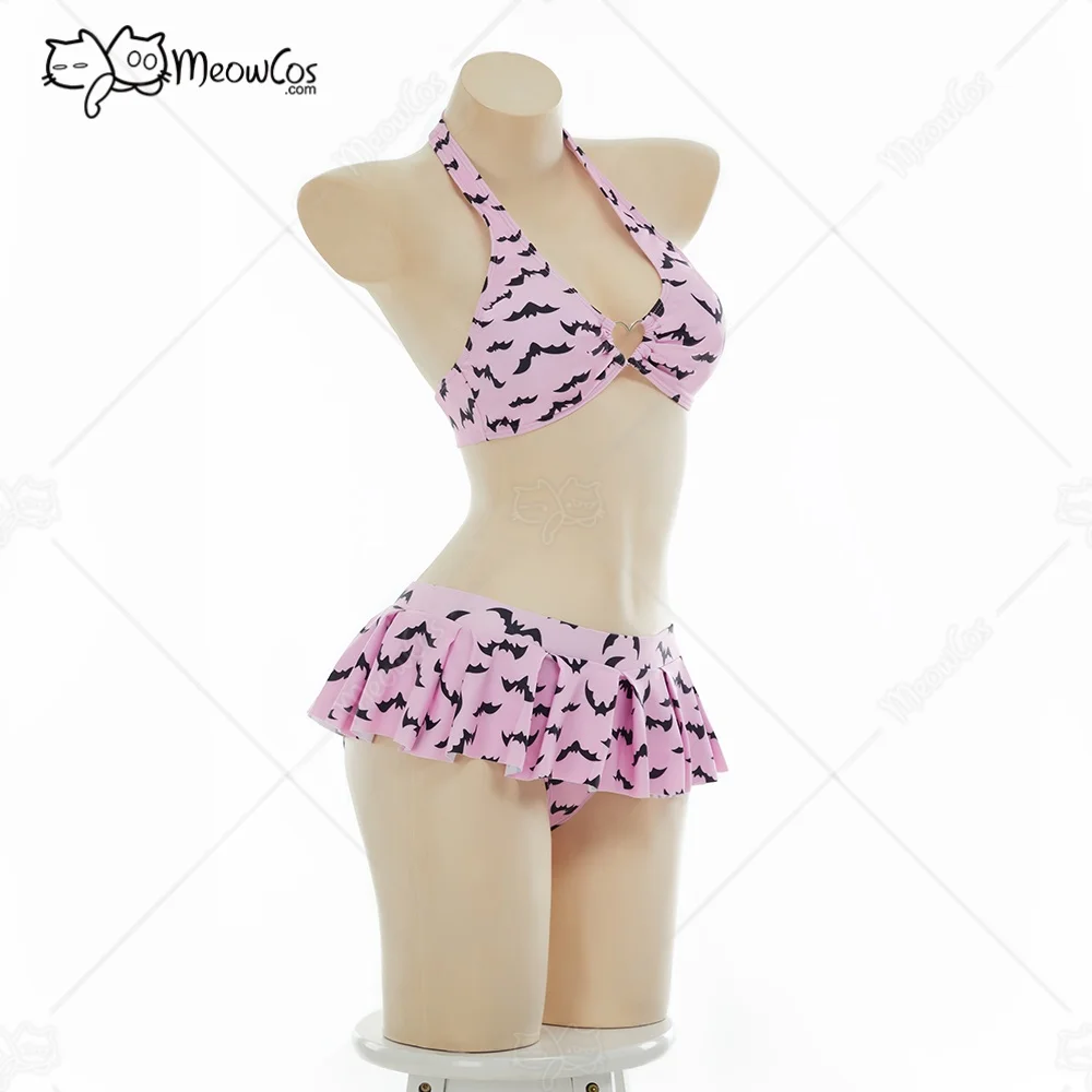 

MEOWCOS Women Nocturnal Waves Gothic Bat Print Swimsuit Heart-shaped Design Top and Mini Skirt Two Pieces Pink Bat Swimsuit