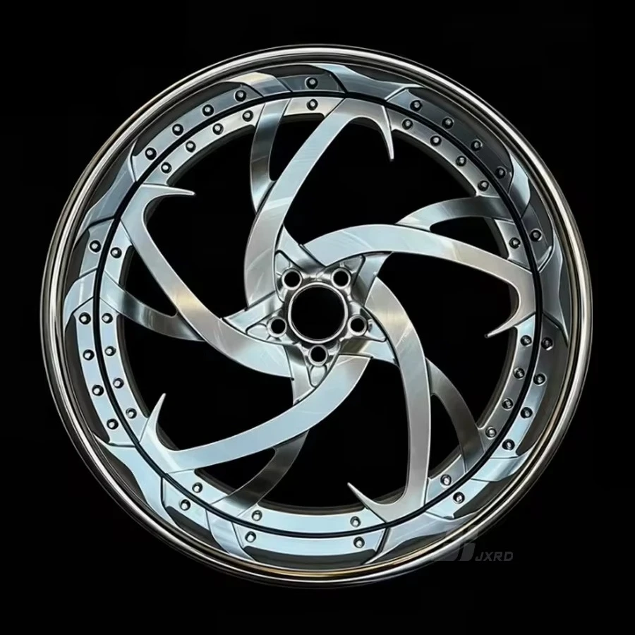 22 24 26 Inch Five Spoke Two-piece Forged Wheel Hub, with Brushed Silver Surface and Polished Chrome Lip Ring at the Center