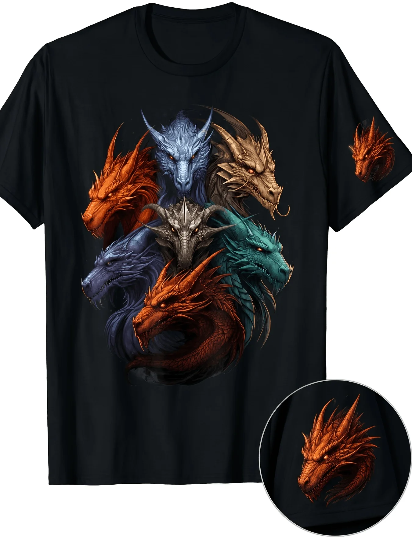 Men's Multi Color Dragon Heads Print T-Shirt Fantasy Medieval Creature Crew Neck Short Sleeve