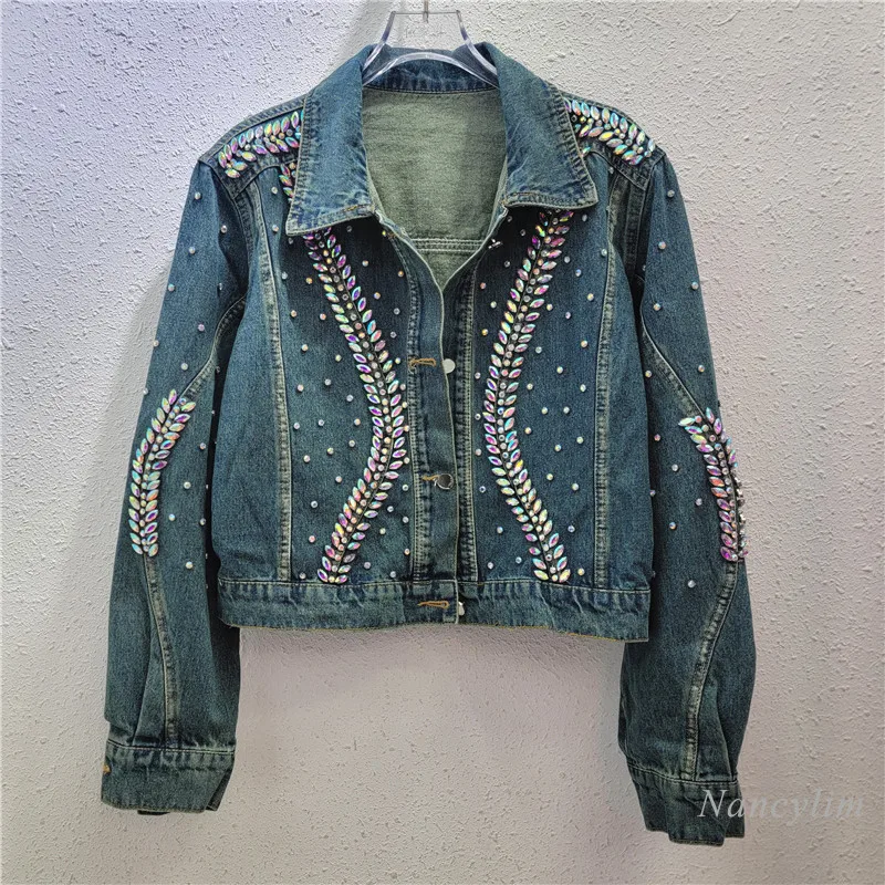 INS Exquisite Rhinestone Denim Coat Women 2024 Spring Autumn New Loose Slimming All-Matching Shoulder Pad Long-Sleeved Jacket