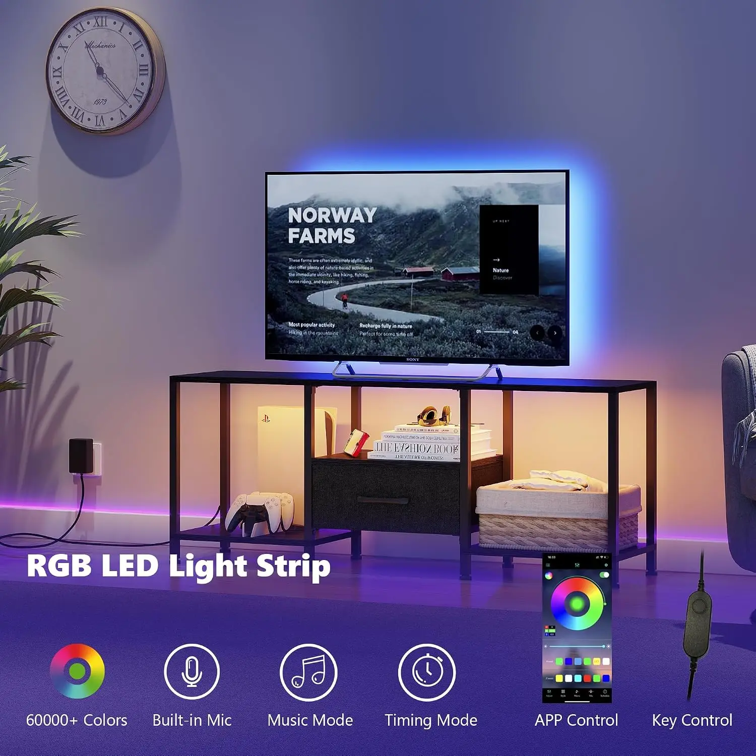 LED TV Stand with Open Shelves & Fabric Drawer, Media Console for 55" TV, Black, Living Room Bedroom view 4