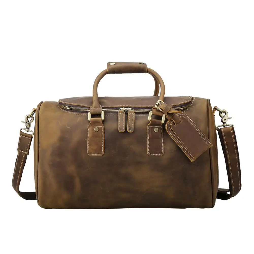 Custom Retro Brown Full Grain Genuine Cow Leather Travel Weekend Holdall Overnight Bag