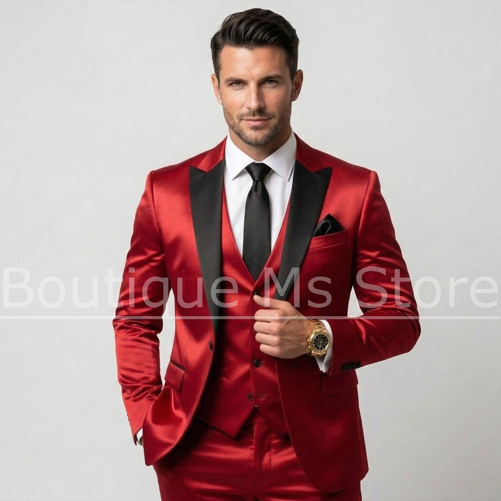 

Chic Men's Satin Suit Set Peak Lapel One Button 3 Piece Outfit Jacket Vest Pants Slim Formal Wedding Party Prom Groom Tuxedo