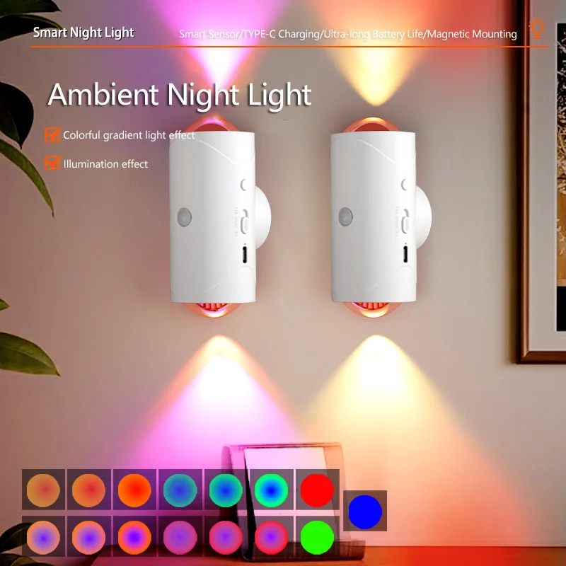

Датчик тела, светодиодный ночник, магнитная установка, без сверления для спальни, прихожей, лестницы, двери, RGB с регулируемой яркостью, окружающее освещение