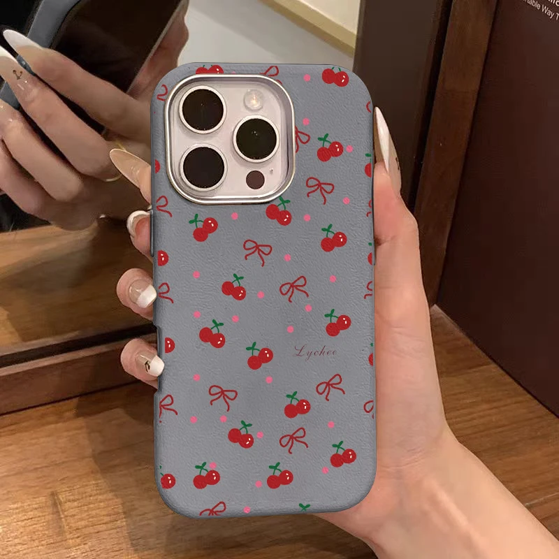 Trendy Red Cherry Bowknot Dots Case Compatible for IPhone 16 13 15 11 12 14 Pro Max XR 15 16 Plus X XS Max Leather Texture Case