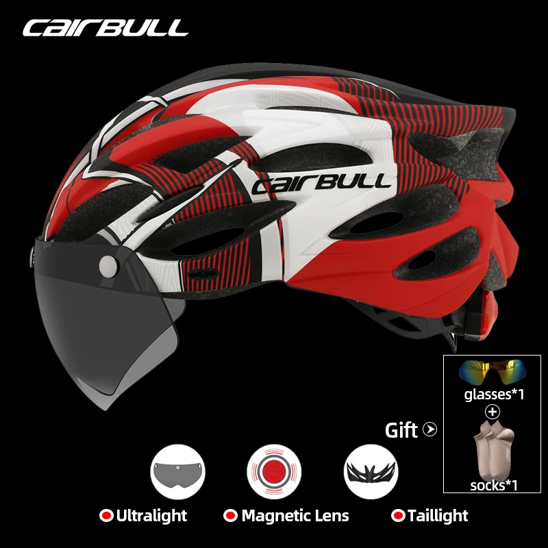 CAIRBULL 230g Ultralight Bicycle Helmet with Taillight Cycling Helmet for Men Women Detachable Goggle  Visor MTB Road Bike Cap