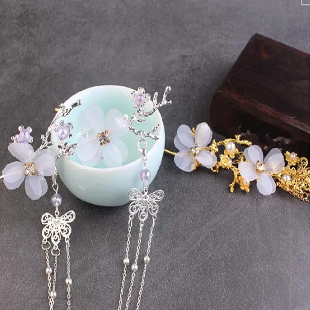 Vintage Antique Plum Blossom Branch Pearl Rhinestone Beads Flower Hair Sticks Hair Fork Hanfu Hair Accessories Tassel Hairpin