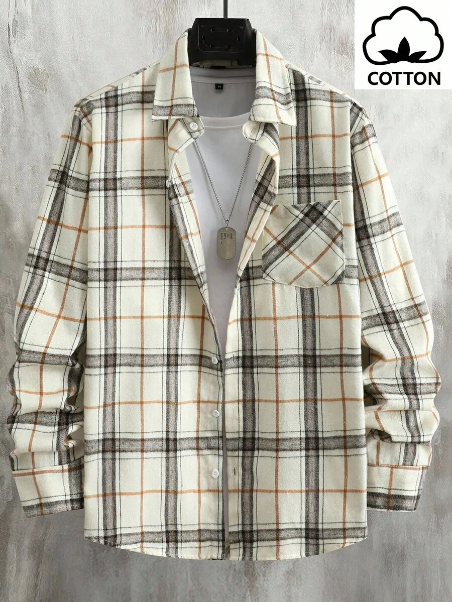 

Men's Cotton Plaid Long Sleeve Casual Loose Shirt with Chest Pocket