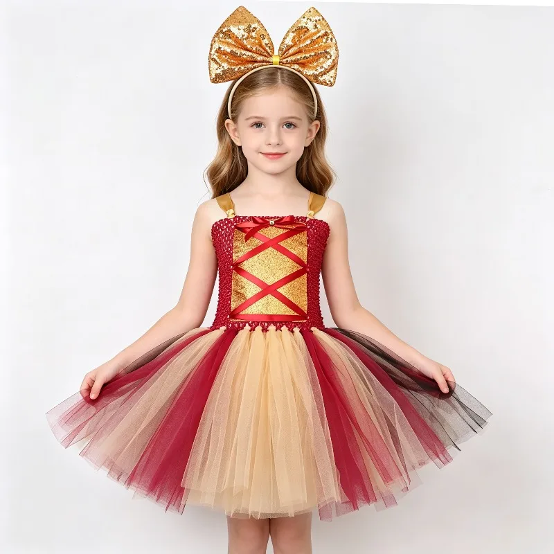Girls Tutu Dress Tulle Princess Dress Sleeveless Layered Mesh Gown Children Halloween Carnival Outfit Girls Flowy Festive Wear